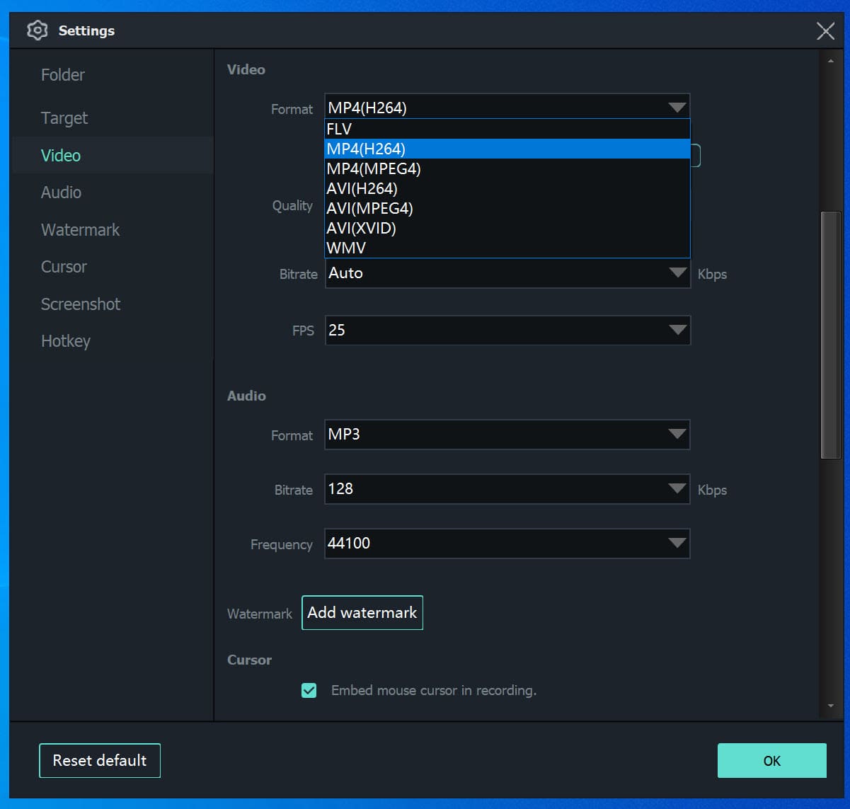 screen recording output settings