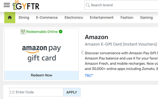 Amazon gift card on GyFTR