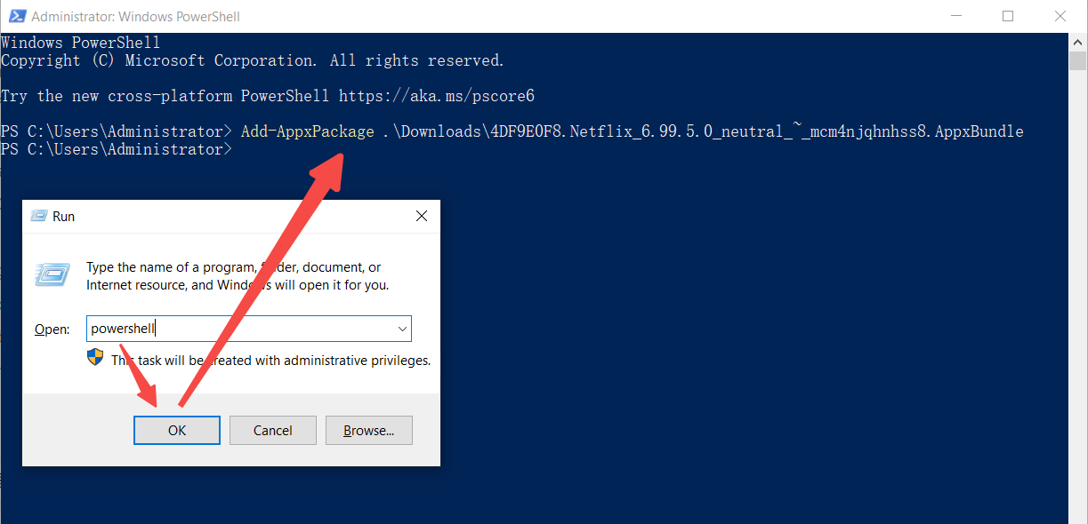 enter command to install Netflix app on PowerShell