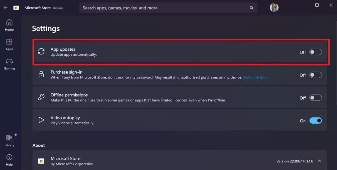 turn off app update in Microsoft Store